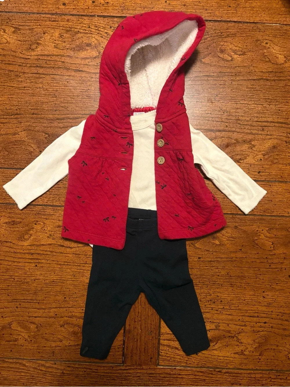 Carter's 3-Piece Set- Red Hooded Vest with Black Bows, Cream Onesie, Black Pant